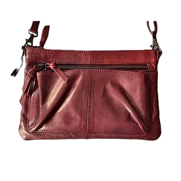 Bass Leather Crossbody Shoulder Clutch Bag Burgundy Zip Pockets Detachable Strap - Picture 3 of 9